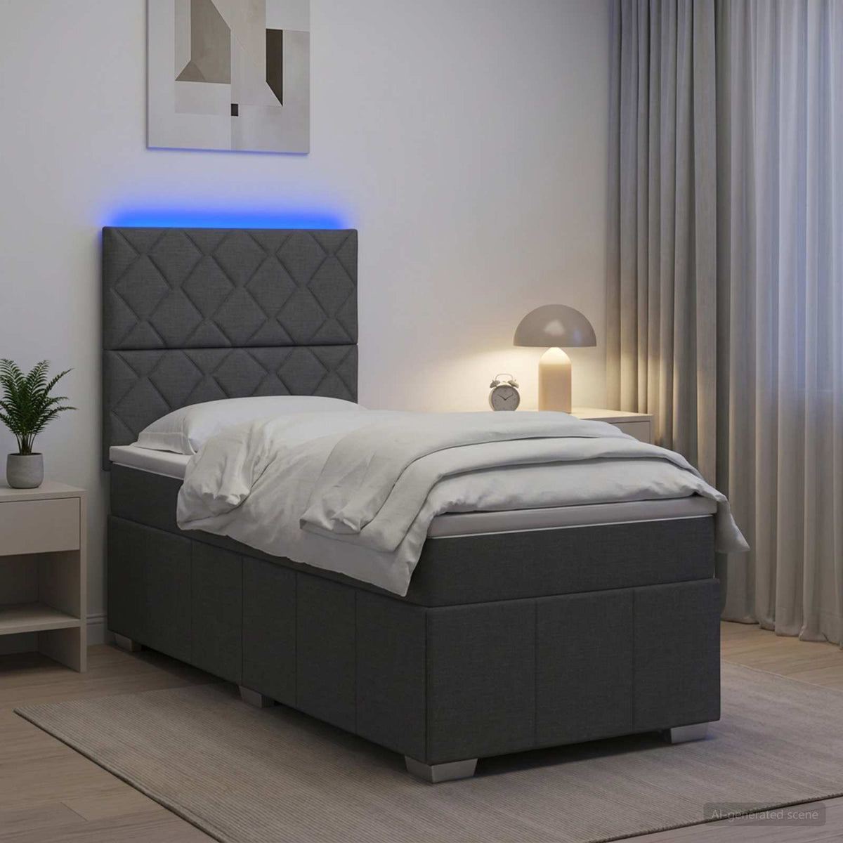 Cama Box Spring Con Colchón Tela Gris Taupe