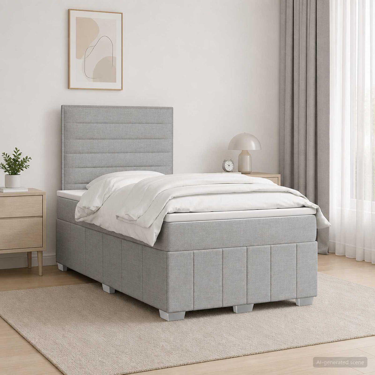 Cama Box Spring Con Colchón Tela Gris Taupe