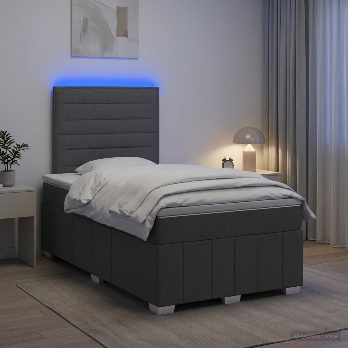 Cama Box Spring Con Colchón Tela Gris Taupe