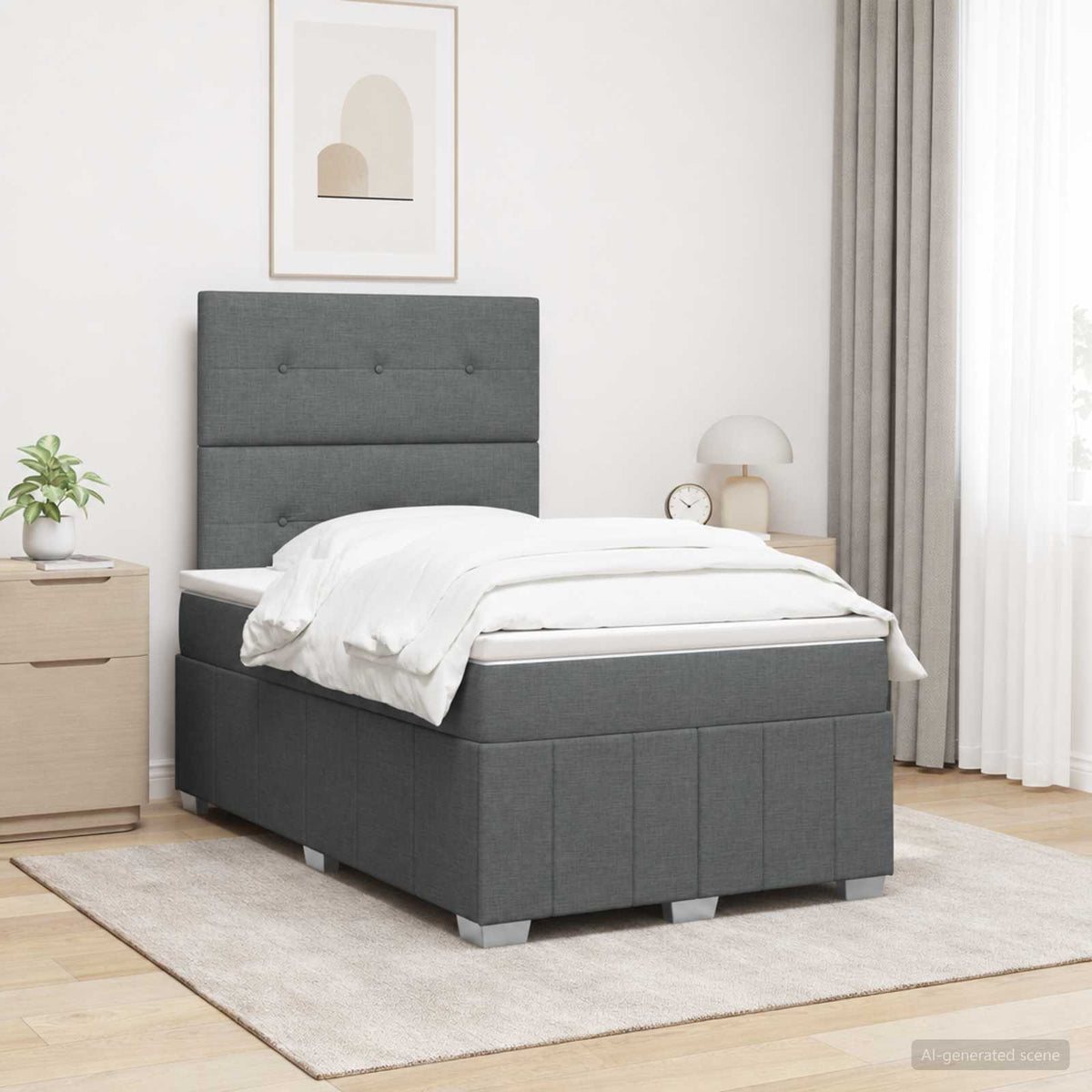 Cama Box Spring Con Colchón Tela Gris Taupe