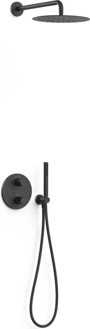 Columna de grifería para ducha empotrada termostático Tres Therm-Box negro mate rociador mural 2 vías Ø300mm