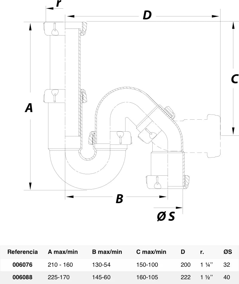 Sifón P vertical Jimten lavabo/bidet 1 1/2" blanco Ømm S-67