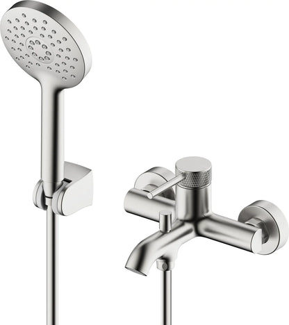Grifería de baño ducha monomando Stillo Hades apariencia acero inoxidable moleteado