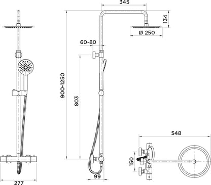 Columna de grifería para ducha termostático Stillo Hades apariencia acero inoxidable rociador mural 2 vías Ø250mm maneral de 3 funciones
