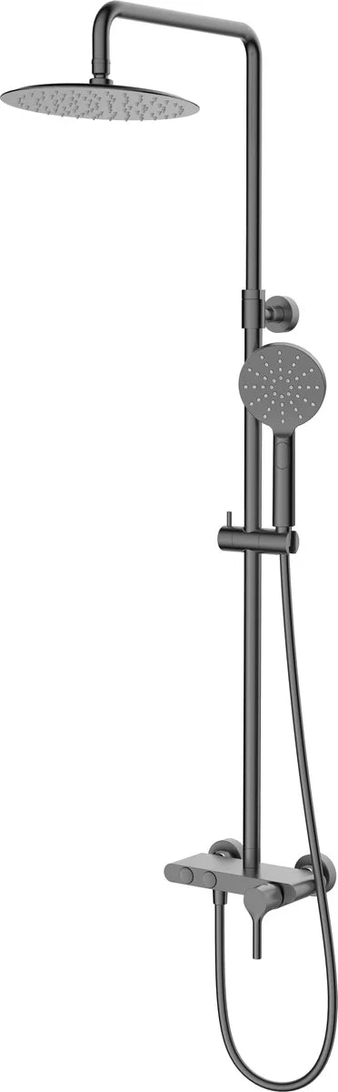 Columna de grifería para ducha monomando Stillo Hades gun metal rociador mural 2 vías Ø250mm maneral de 3 funciones con repisa
