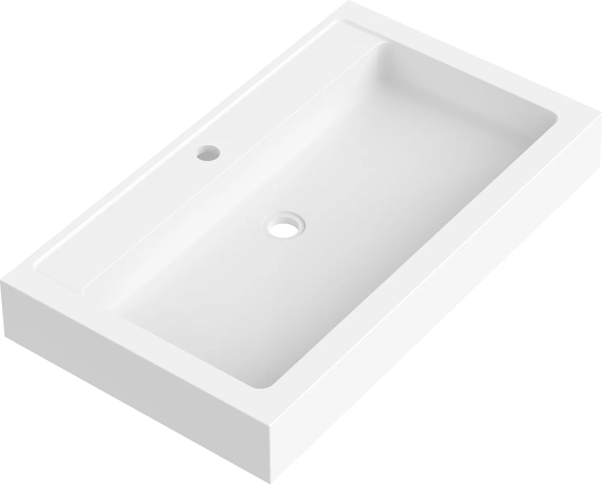 Lavabo rectangular Stillo Nival Plus 800x460mm sobre encimera blanco con faldón seno centrado