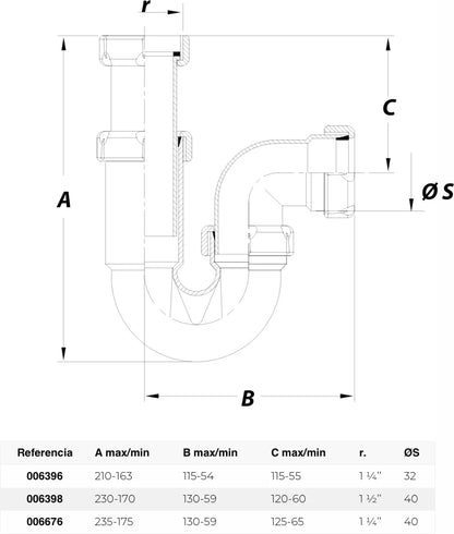 Sifón P horizontal Jimten lavabo 1 1/4" cromo Ø32mm R-18L