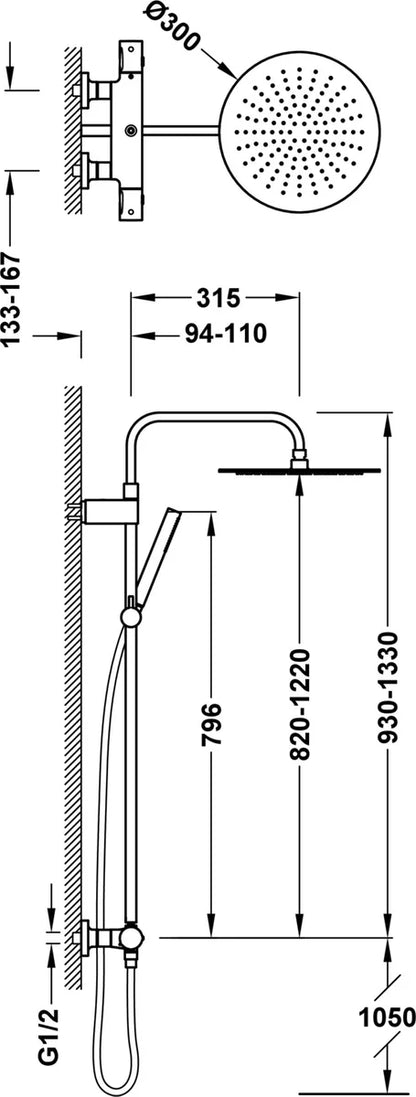 Columna de grifería para ducha termostático Tres Max-Tres negro/bronce rociador mural 2 vías Ø300mm