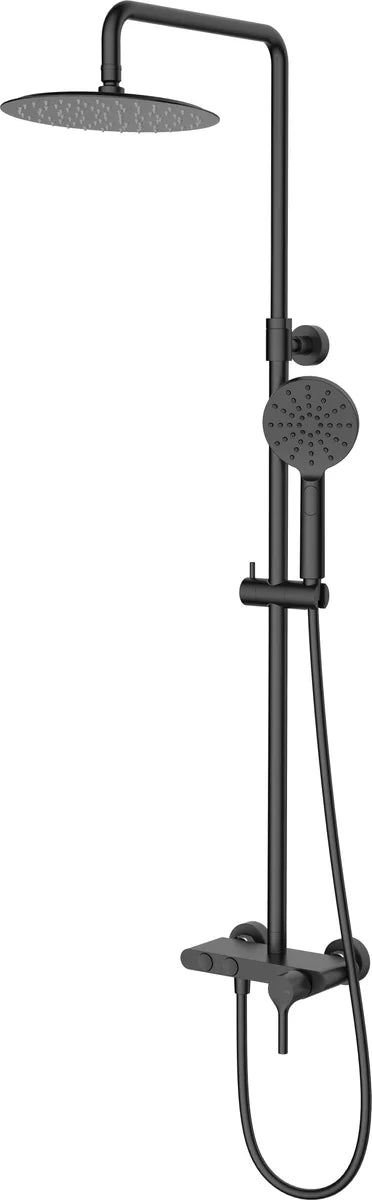 Columna de grifería para ducha monomando Stillo Hades negro rociador mural 2 vías Ø250mm maneral de 3 funciones con repisa