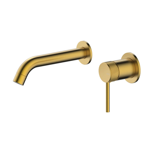 Grifo de lavabo empotrado a pared Stillo Hades color oro con acabado moleteado y caño de 176mm diseño de lujo