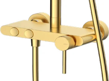 Columna de grifería para ducha monomando Stillo Hades oro rociador mural 2 vías Ø250mm maneral de 3 funciones moleteado