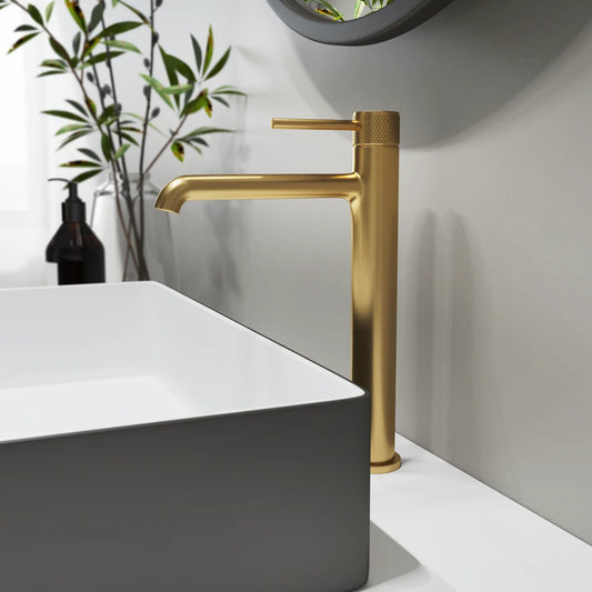 Grifo de lavabo extra alto Stillo Hades Cold Open oro con aireador moleteado