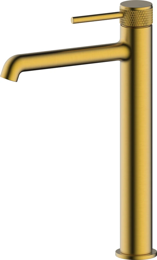 Grifo de lavabo extra alto Stillo Hades Cold Open oro con aireador moleteado