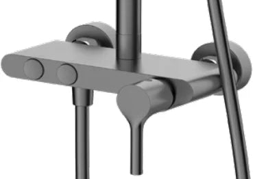 Columna de grifería para ducha monomando Stillo Hades gun metal rociador mural 2 vías Ø250mm maneral de 3 funciones con repisa