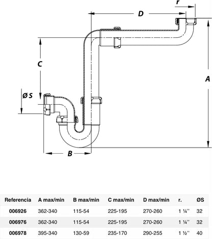 Sifón P horizontal Jimten lavabo/bidet 1 1/2" blanco Ø40mm S-305