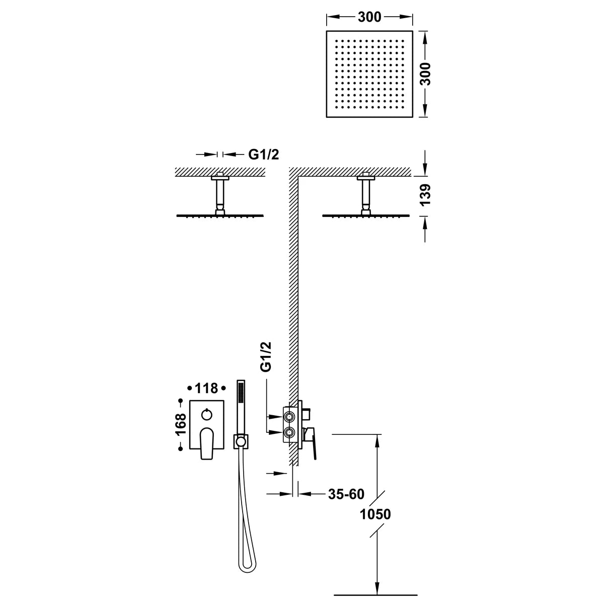 Columna de grifería para ducha empotrada monomando Tres Project-Tres Exclusive Rapid Box negro rociador techo 2 vías 300x300mm