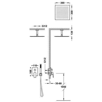 Columna de grifería para ducha empotrada monomando Tres Project-Tres Exclusive Rapid Box negro rociador techo 2 vías 300x300mm