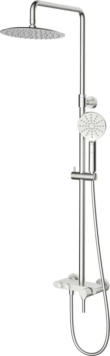 Columna de grifería para ducha monomando Stillo Hades apariencia acero inoxidable rociador mural 2 vías Ø250mm maneral de 3 funciones con repisa