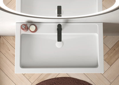 Lavabo rectangular Stillo Nival Plus 800x460mm sobre encimera blanco con faldón seno centrado