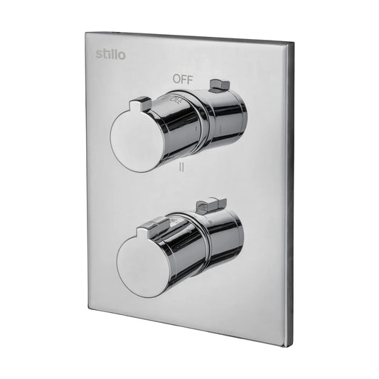 Mandos exteriores cromados para ducha termostática empotrada Stillo Box con desviador de 3 funciones y placa redonda minimalista.